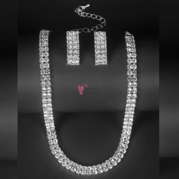 Colier cu cercei AS02II Argintiu cu cristale din sticla